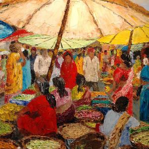 Marché en Inde. Huile sur toile, 50 x 73 cm, 2009. Ce tableau n'est plus disponible à la vente