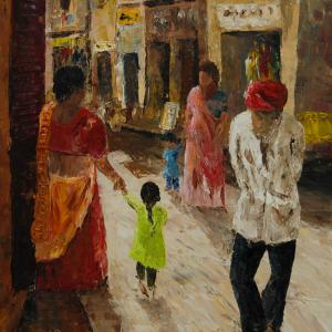 Rue en Inde. Huile sur toile, 38 x 46 cm, 2010. Ce tableau n'est plus disponible à la vente