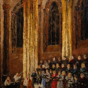 Concert dans l'église. Huile sur toile, 61 x 38 cm, 2011. Ce tableau n'est plus disponible à la vente