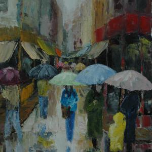 Rue des parapluies. Huile sur toile, 61 x 50 cm, 2011. Ce tableau n'est plus disponible à la vente