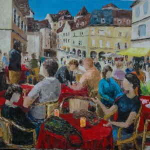 La terrasse de café. Huile sur toile, 50 x 70 cm, 2013. Ce tableau est disponible à la vente