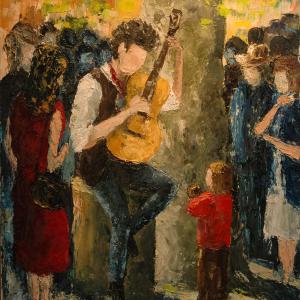 Le guitariste et l'enfant. Huile sur toile, 46 x 38 cm, 2014. Ce tableau est disponible à la vente