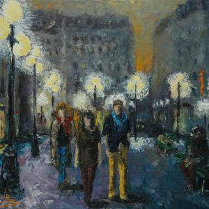 Balade en ville. Huile sur toile, 50 x 60 cm, 2014. Ce tableau n'est plus disponible à la vente