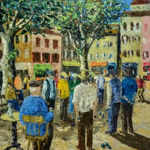 La partie de pétanque. Huile sur toile, 54 x 65 cm, 2015. Ce tableau est disponible à la vente