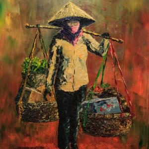 La porteuse de Hanoi. Huile sur toile, 46 x 55 cm, 2015. Ce tableau n'est plus disponible à la vente