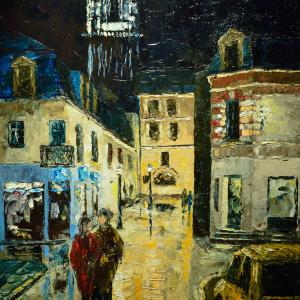 Nuit à Clamecy. Huile sur toile, 40 x 70 cm, 2015. Ce tableau est disponible à la vente