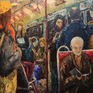 Solitude dans le métro. Huile sur toile, 92 x 65 cm, 2015. Ce tableau est disponible à la vente