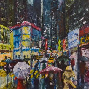 Mahattan umbrellas. Huile sur toile, 50 x 70 cm, 2018 Ce tableau est disponible à la vente