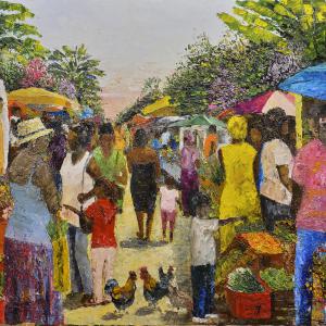 Marché en Guadeloupe. Huile sur toile, 90 x 60 cm, 2012. Ce tableau est disponible à la vente