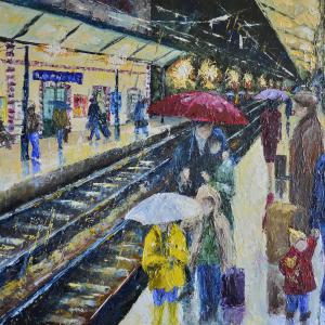 La gare. Huile sur toile, 50 x 70 cm, 2021. Ce tableau est disponible à la vente