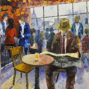 Le bar. Huile sur toile, 54 x 65 cm, 2020. Ce tableau est disponible à la vente