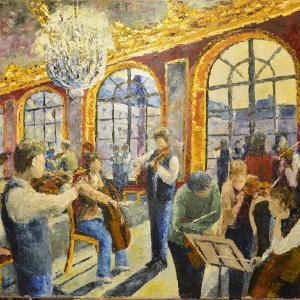 Répétition au château. Huile sur toile, 54 x 65 cm, 2020. Ce tableau est disponible à la vente