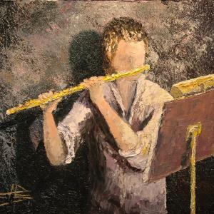 Le flûtiste. Huile sur toile, 38 x 46 cm, 2014. Ce tableau n'est plus disponible à la vente.