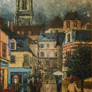 Clamecy sous la pluie. Huile sur toile, 65 x 92 cm, 2014. Ce tableau est disponible à la vente