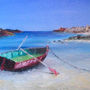 La barque échouée. Huile sur toile, 60 x 30 cm. Ce tableau n'est plus disponible à la vente
