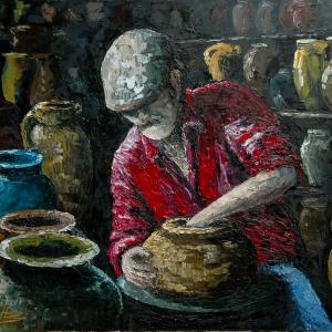 L'atelier du potier. Huile sur toile, 50 x 60 cm, 2014. Ce tableau n'est plus disponible à la vente